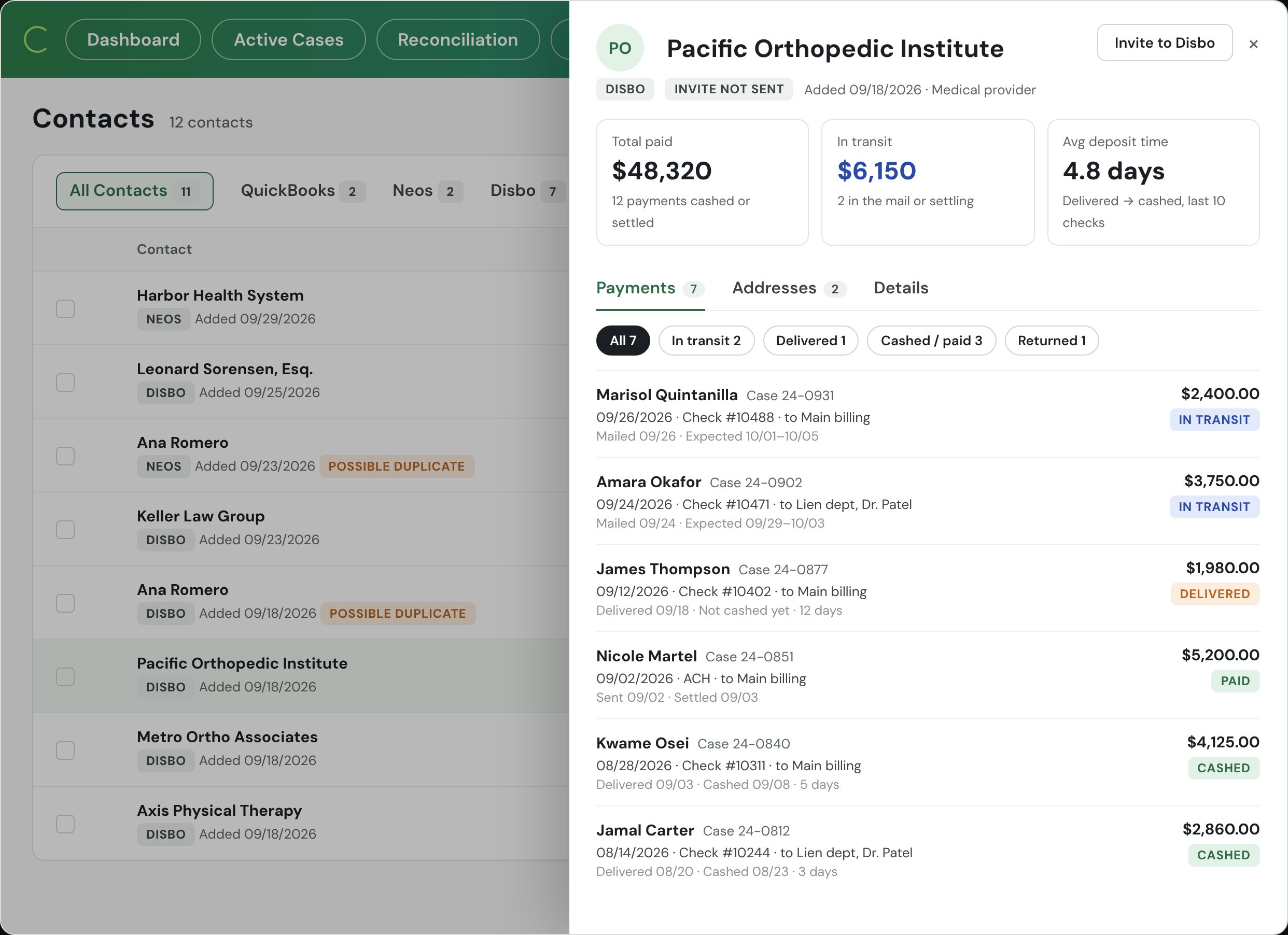 Contacts: payees with their linked status and payment history