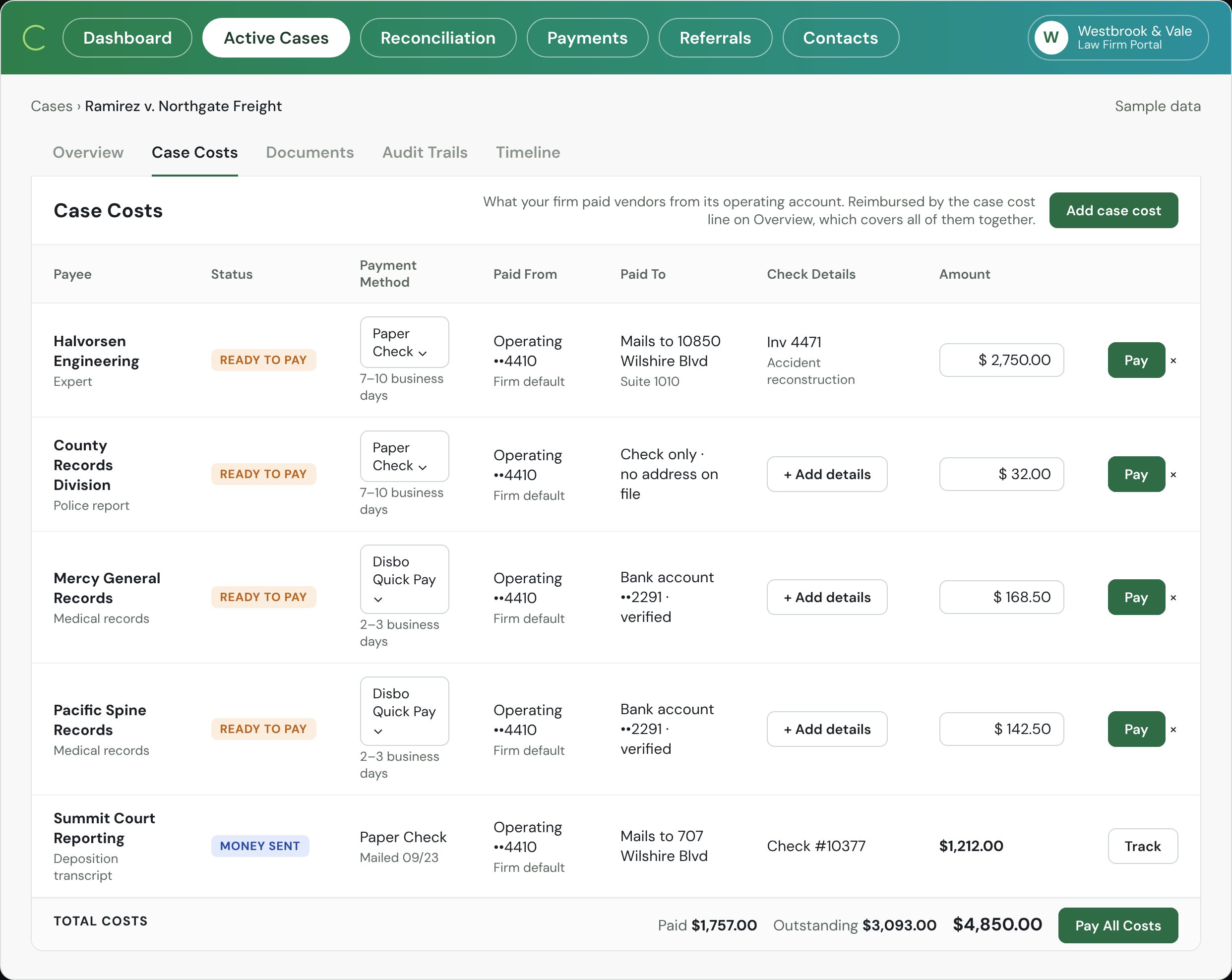Disbo Case Costs tab: vendors paid from Operating, check details, amounts and Pay All Costs